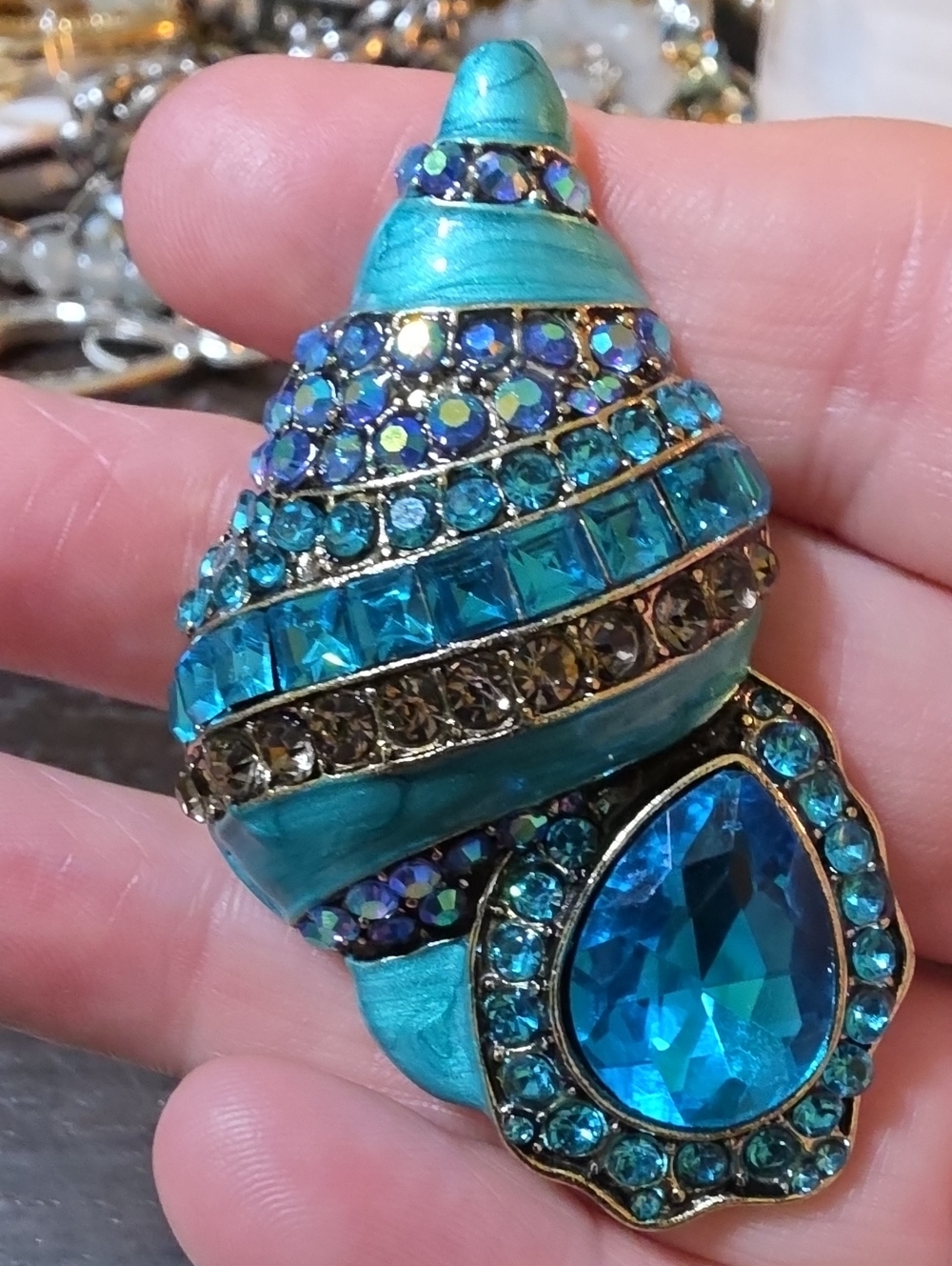 A186- Blue Crystal Shell Statement Brooch- Designer Style